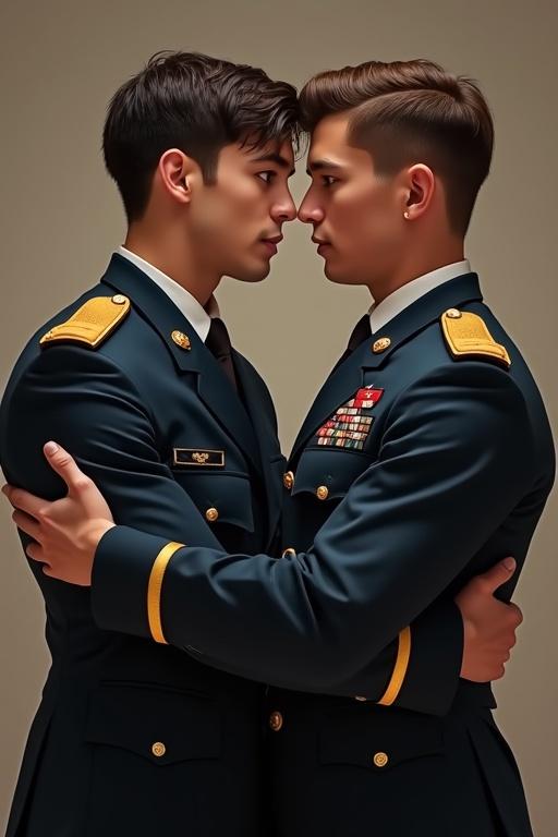 Two male soldiers in army ASU dress uniforms face each other hugging. Uniforms feature gold buttons that touch. Embrace shows closeness and affection.