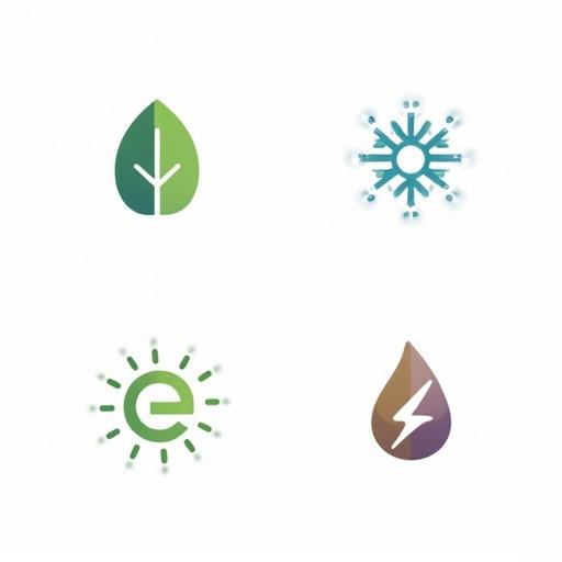 Four logos for a smart energy company arranged in a 2x2 grid. Each logo has a unique style but shares colors. Top left: minimalist leaf with 'e' cut out and roots with glowing dots. Top right: 'e' in a circle with circuit-like roots and solar/wind icons. Bottom left: emblem circle with sun, lightning bolt, and root network. Bottom right: letters contain nature and energy flow icons.