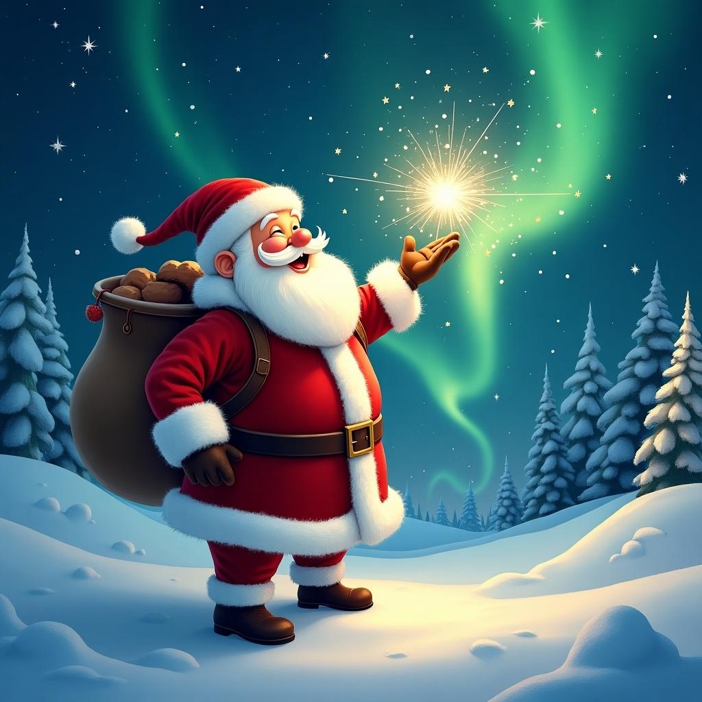 Depiction of Santa Claus in festive attire. Winter landscape with enchanting northern lights. Magic sparkles creating joyful ambiance. Santa writes Sienna in the sky.