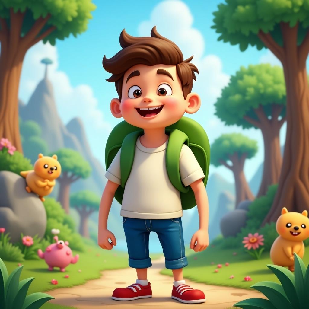 The image features a cheerful young boy named Finn, standing in a vibrant forest. He has short brown hair, bright eyes, and is wearing a t-shirt with denim shorts. Finn carries a green backpack, exuding joy and adventure. Surrounding him are cute animated animals, including playful bears. The scene is bright and sunny, filled with flowers and lush greenery, creating a sense of wonder and playfulness.