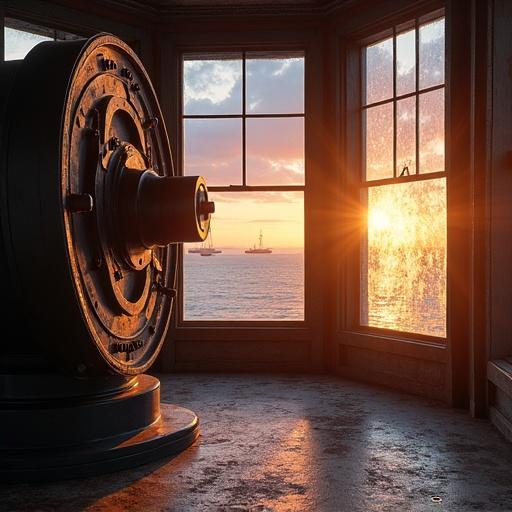 Inside the lantern room of an old lighthouse at sunset. Fresnel lens rotating. Beams of golden and rose light across the fogged glass and rusted metal floor. Distant ships visible through windows. Watercolor art style. Warm radiant tones. Quiet cinematic atmosphere. Intricate reflections.