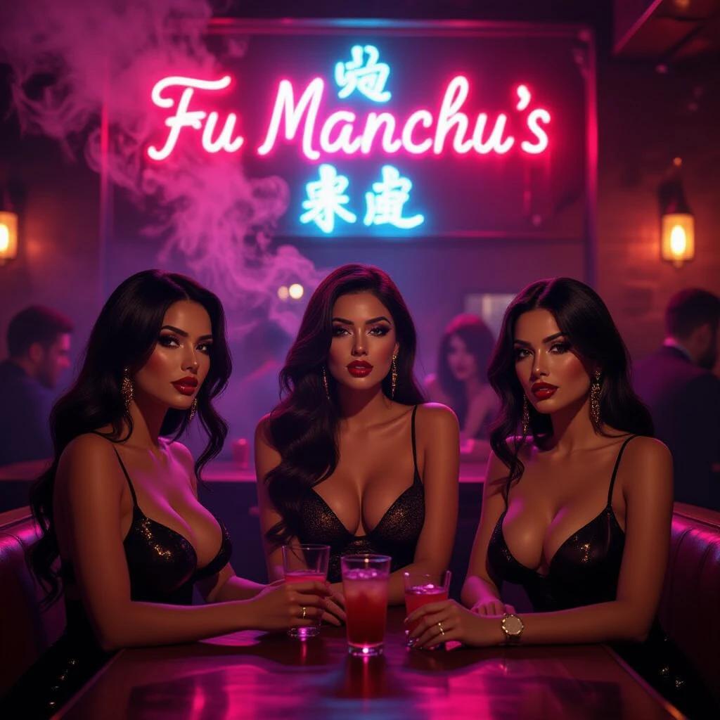 Image of a smoky bar scene. Devious beautiful women everywhere. Neon sign on the wall says Fu Manchu's. Three women at the table.