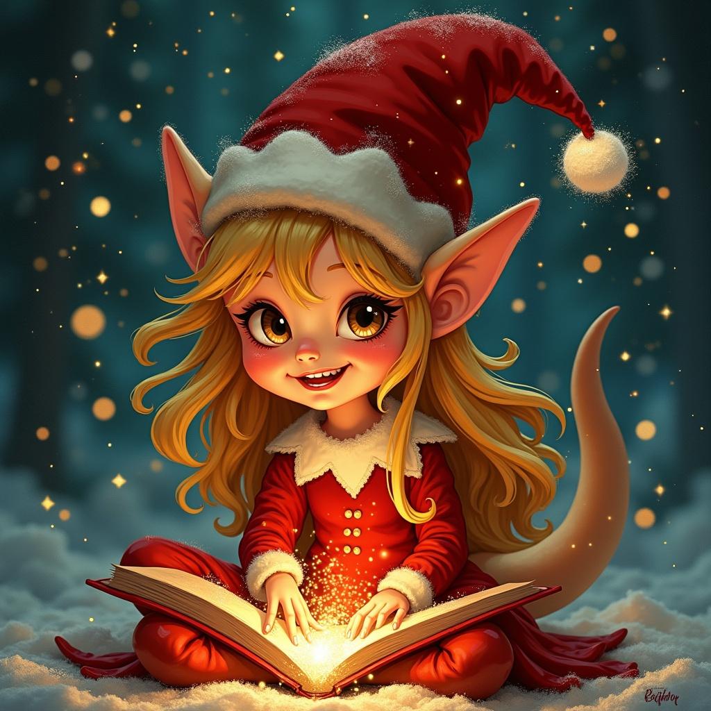 Christmas elf writing greeting in sparkles. Unwrapped book in snowy setting. Elf wearing a red outfit and festive hat. Glow and warmth emanating from the scene.