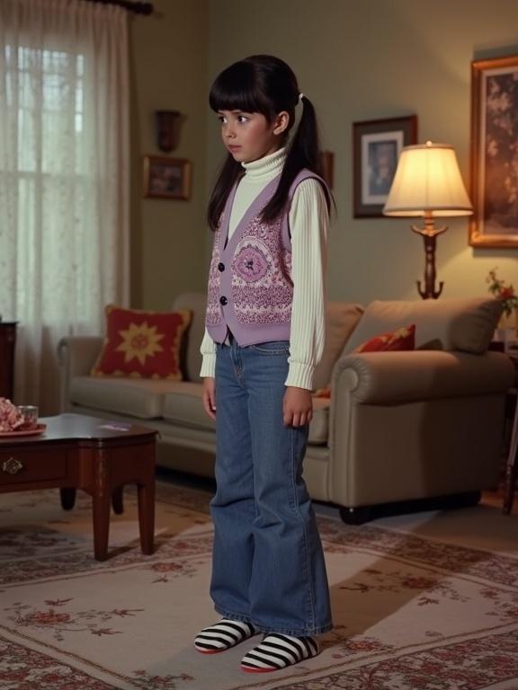 A screenshot from a 1970s movie showcasing a retro living room. A teenage girl stands on carpet and looks to the left. She has black pigtails and freckles. The girl wears a white sweater and a lilac patterned vest with flared bellbottom jeans that cover her stripy socked feet.