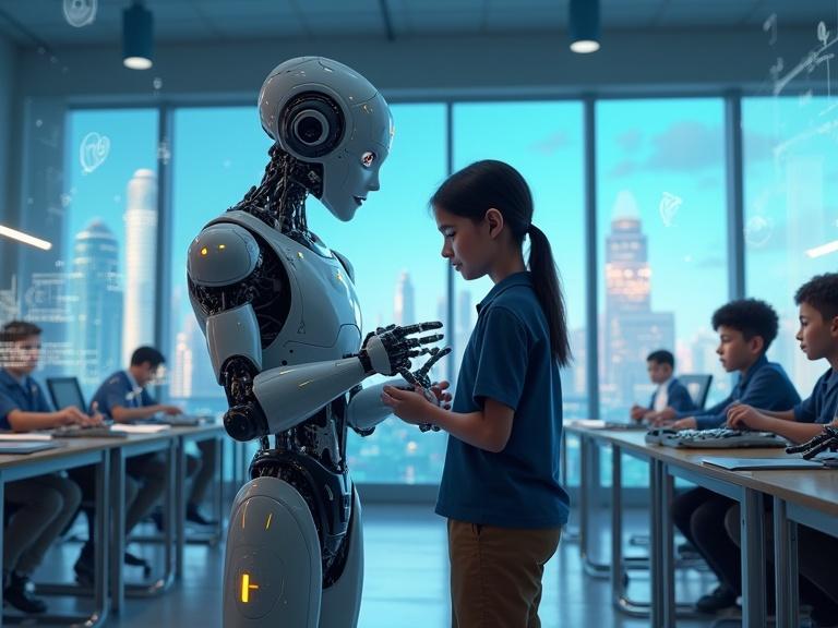 Digital illustration of a futuristic classroom. Young Egyptian boy and girl programming a humanoid robot. High-tech environment with holographic screens and AI circuits. Students in dark blue shirts and brown pants. Glass window showing Jeddah skyline. Vibrant colors for innovation and curiosity. Unique child-friendly robot. Hyper-realistic style with no text.