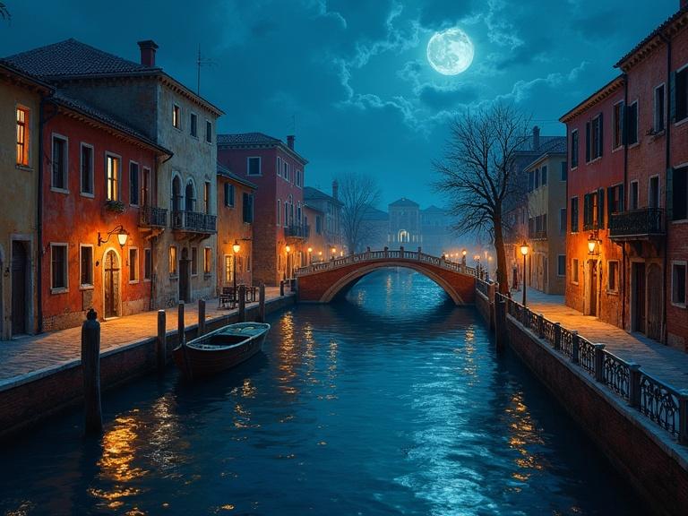 A captivating image of a canal at night. Features ancient buildings and a bridge. Utilizes traditional oil painting techniques. Cinematically stylized scene. Rich in detail and color. Evocative of a tranquil atmosphere.
