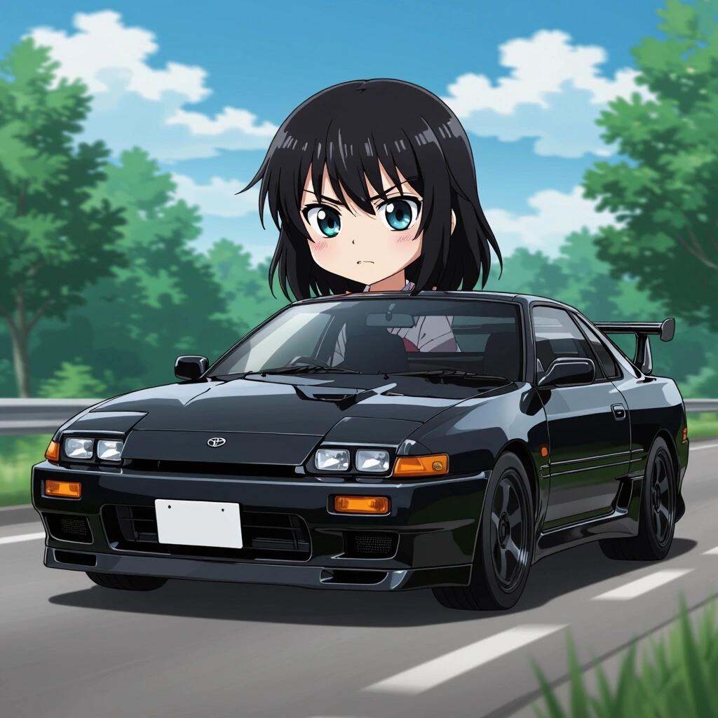 Anime style illustration of a black Toyota Supra MK3. Features an anthropomorphic character representing the car. Shows excitement and personality typical of a yandere character. Natural scenery in the background enhances the effect.