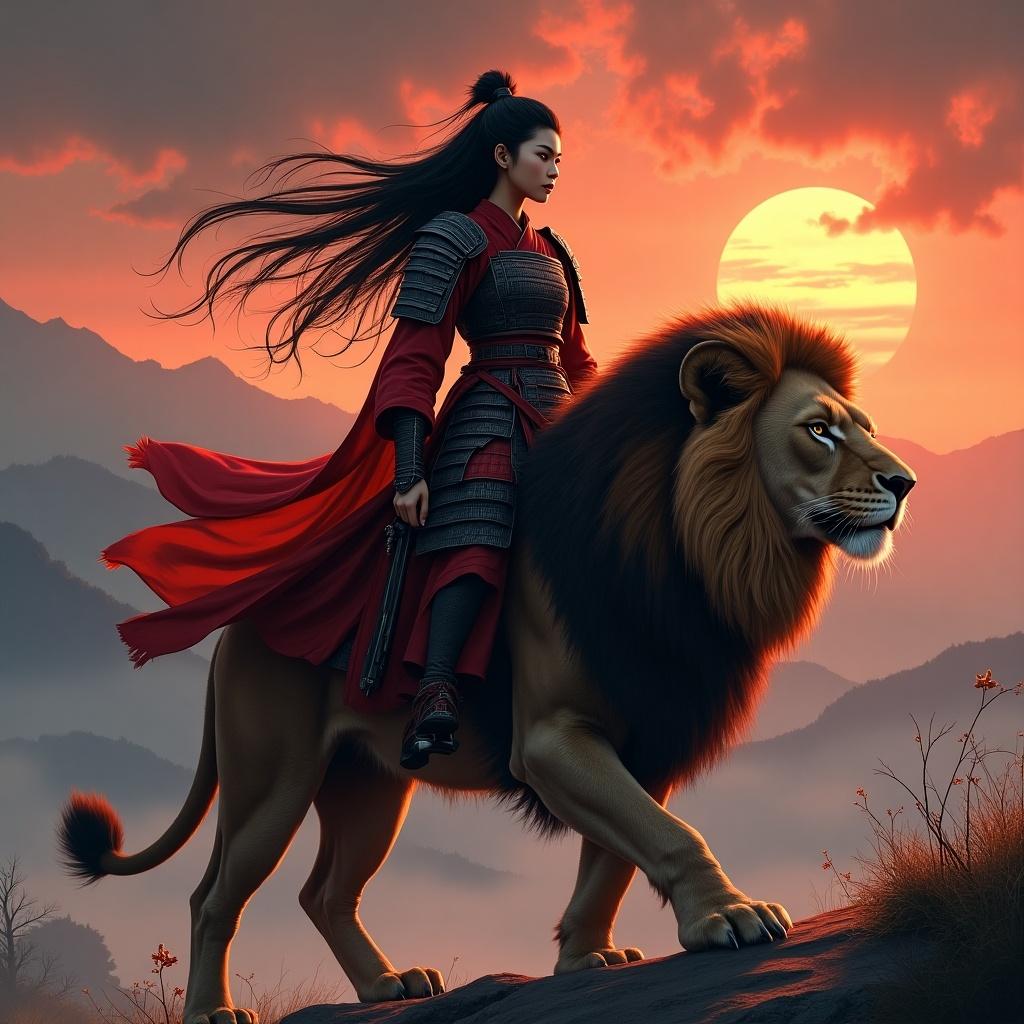 A young Japanese woman in dark red and black samurai armor sits on a lion. The scene includes a mountainous landscape with a dramatic sunset. The woman displays focus and determination. The lion has realistic fur and muscles. The artwork emphasizes details in clothing and accessories.