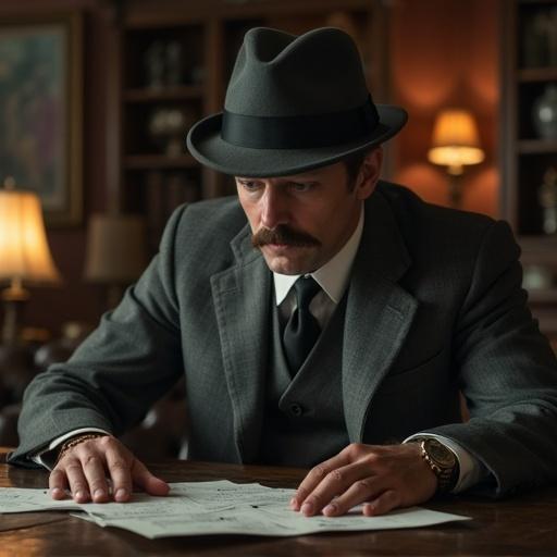 Meticulous Belgian detective with neatly groomed mustache in tailored grey suit and bowler hat examines clues in grand dimly lit Victorian-style living room. Tense atmosphere with subtle mystery signs present.