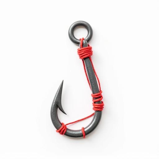 Logo design featuring a grey hook tied with red yarn. Simple white background to enhance visibility.