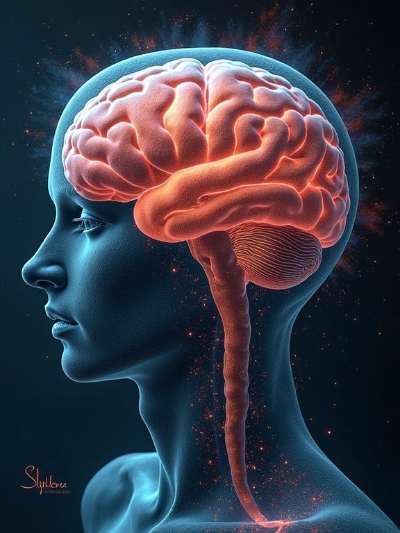A digital artwork depicting a human head silhouette with a luminous brain. The brain has a vibrant orange hue, with glowing accents. Background is dark with hints of cosmic elements.