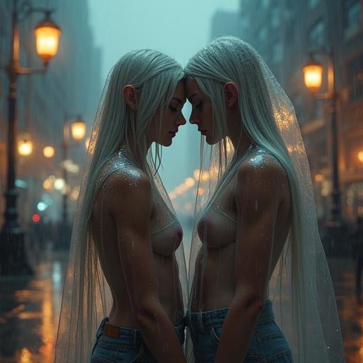 Two elfin girls with silver blonde hair stand facing the camera. They are holding each other and wearing clear plastic raincoats. The background features a fantasy steampunk cityscape illuminated by gas lamps. It's a rainy night with water droplets on the plastic and a low perspective.