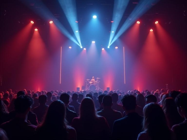 High-energy concert scene with a drummer on stage. Bright stage lights shining in red and blue tones. Large crowd watching intently. Perfect for backgrounds related to music events and performances.