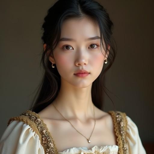 Portray a young woman with a blend of Western and Japanese characteristics. She has an elegant and symmetrical face with refined features. Her skin is porcelain fair with a soft glow. Eyes are soft and almond-shaped. She wears a modest medieval dress with a lowered neckline. The background is clean with studio lighting.