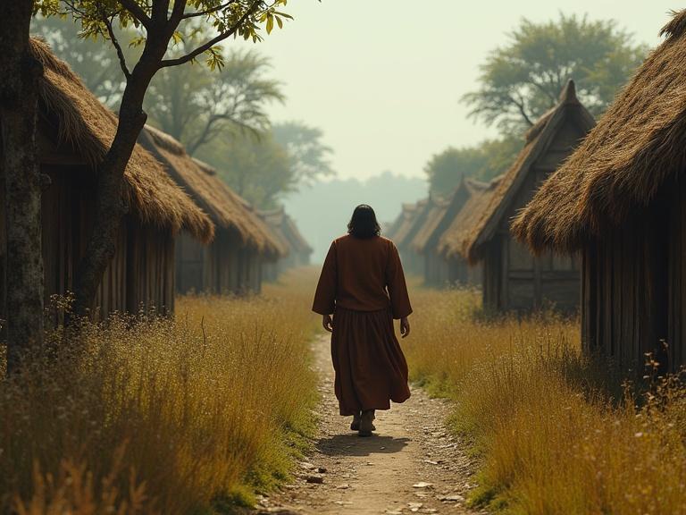 Scene depicting Enoch walking alone on a narrow path surrounded by village houses chasing material wealth. Realistic style with muted and bright color contrasts.