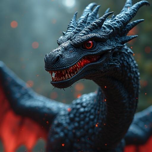 Digital illustration of a dragon with intricate details. The creature has dark scales, vivid red eyes, and an intense expression. Flames and smoke are in the background.