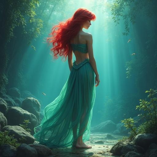 Realistic photo of a girl resembling Ariel from Disney. Full body view in nature. Long legs and delicate feet. Influencer style with flowing hair and dress.