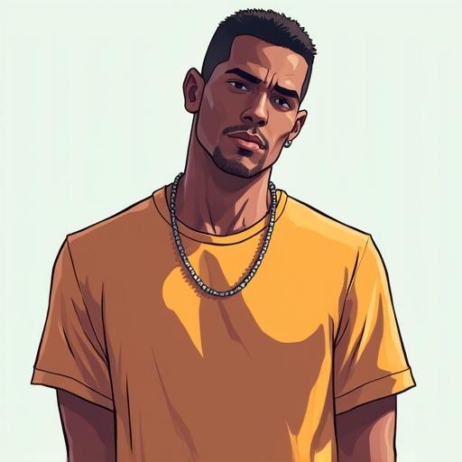 Digital illustration of a male character in solid color t-shirt facing the camera directly. Drawing features comic style with bright yellow shirt. Character is centered with no background. Light comes from the right side creating an even illumination without shadows.