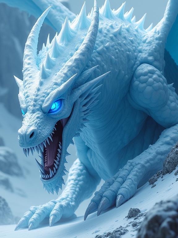 Large ice dragon covered in ice crystals. Blue glowing eyes show impressive details. Fierce expression with visible fangs and claws.