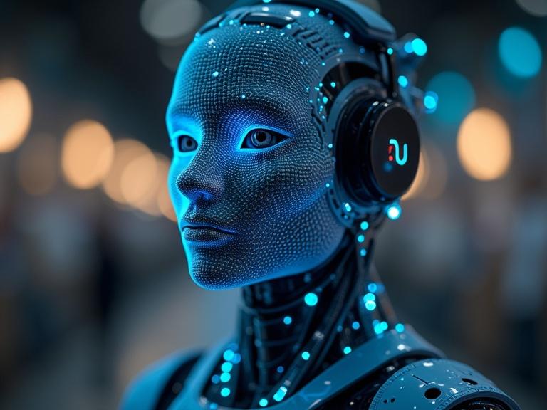 A close-up of a humanoid robot with glowing blue features. The robot has a sleek design with a high-tech look. It showcases a sense of advanced technology and AI. The background is blurred with soft lighting effects.