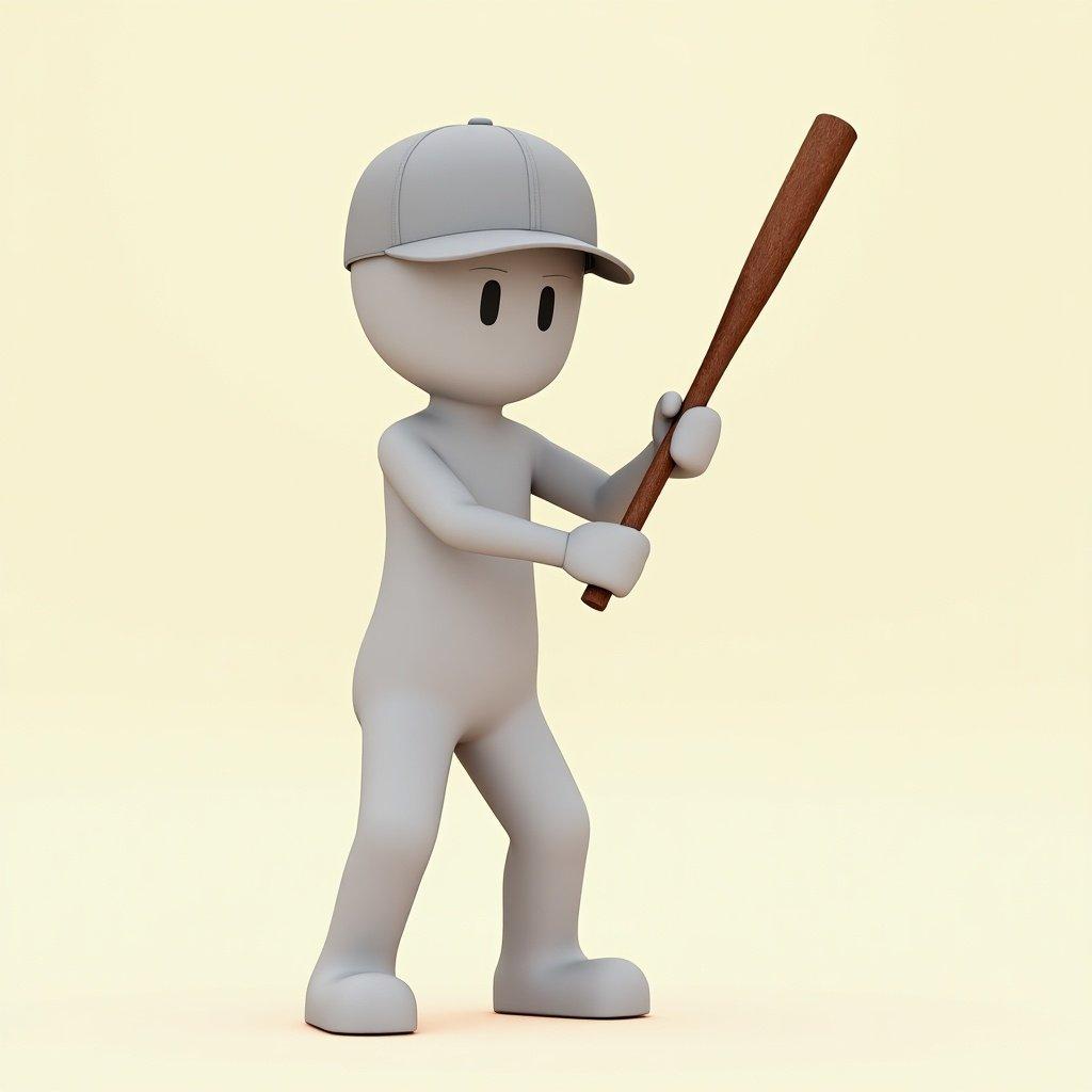 Stick figure design holding a baseball bat. Character in a cap with a neutral expression. Simple shapes and soft colors. Suitable for educational or entertainment uses.