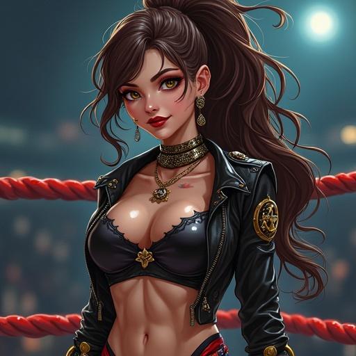 Anime character in a modern pro wrestling arena. Woman with hazel eyes and oversized medium brown curly ponytail. Wearing punk rock grim reaper wrestling gear. Half British half Saiyan. Scary grin. Light gold and onyx black color scheme. Beautiful face with makeup and tattoos. Fit physique with six-pack abs. Red nails and double belly button ring.