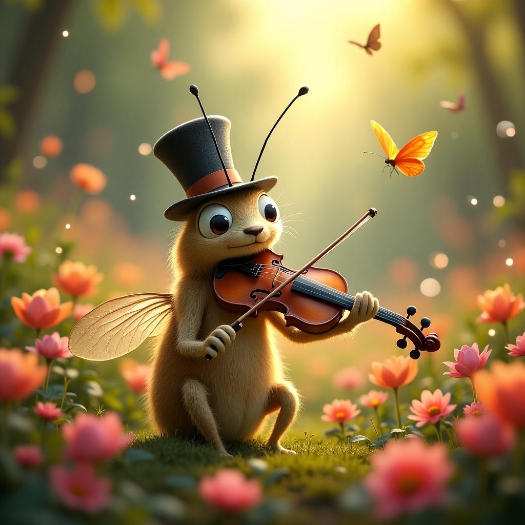 A whimsical insect with a top hat plays a violin in a vibrant garden filled with colorful flowers. Butterflies flutter around the insect enhancing the magical atmosphere. Warm lighting casts a soft glow over the scene creating an enchanting visual experience.