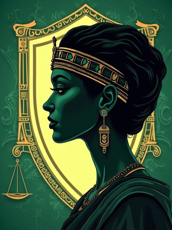 Profile of a strong modern Egyptian woman beside a shield. Scales of justice glow nearby. Background features green color with abstract law symbols and Arabic calligraphy. Vector style shows empowerment.