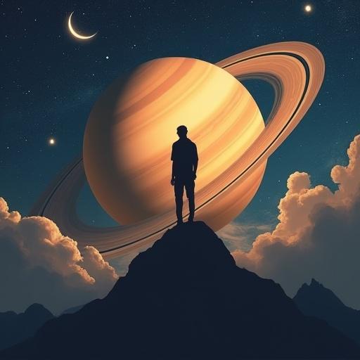 A man standing on a mountain satellite of Saturn surrounded by its rings in a starry sky.