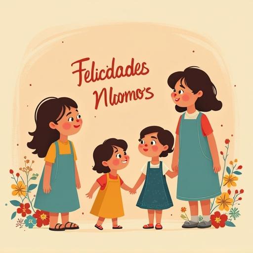 Create an illustration in Studio Ghibli style representing the celebration of Mother's Day with 'Felicidades Mamás' written prominently.