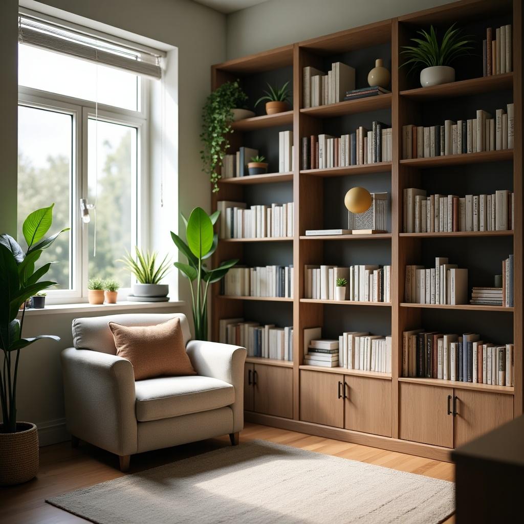 Cozy reading nook with a large bookshelf filled with books. A comfortable armchair sits next to a window. Green plants decorate the space. A warm and inviting atmosphere is present.