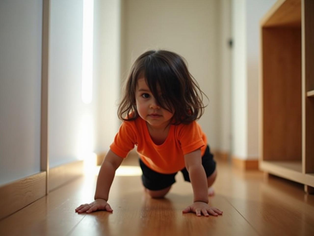 A young child is positioned in a crawling posture on a wooden floor inside a home. They are wearing a bright orange shirt and black shorts, which gives a cheerful contrast to the surrounding environment. The child's long, dark hair falls over their face, partially obscuring it. The light coming from a nearby window casts soft shadows, adding depth to the scene. The hallway is minimalistic, with a smooth wall on one side and a wooden structure on the other. This creates a sense of calmness and domesticity in the image.