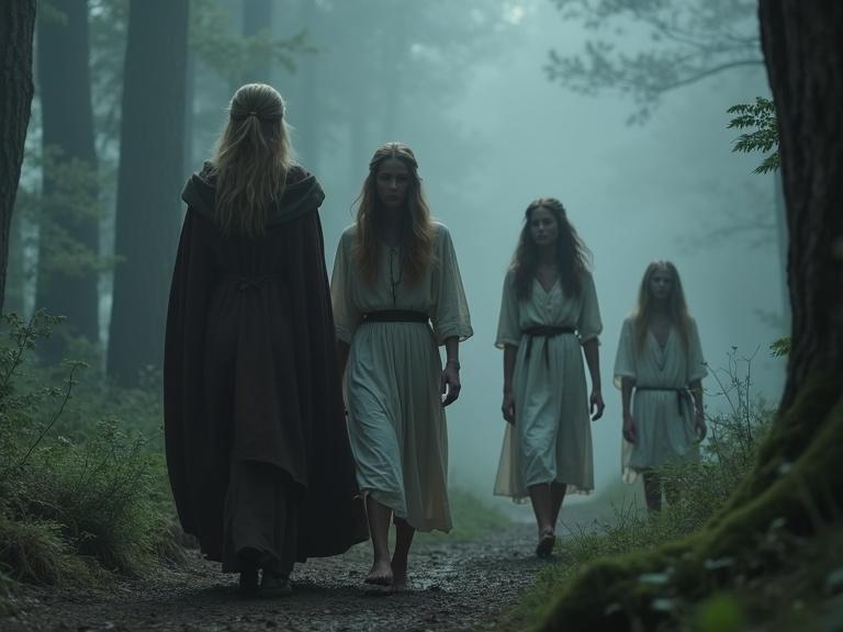 Four women walk through a dense forest. They wear authentic Viking clothing. Young women wear simple white dresses. Forest is foggy and atmospheric. Scene captures a sense of mystery and tension.