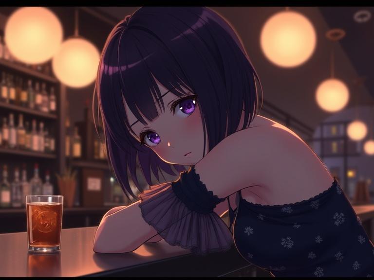 Anime woman with short dark violet hair and dark violet eyes. Leaning at a bar with forearms on counter. Wearing dark off-the-shoulder top with floral pattern. Glass of amber drink on the left. Dimly lit bar with warm lighting. Introspective mood.