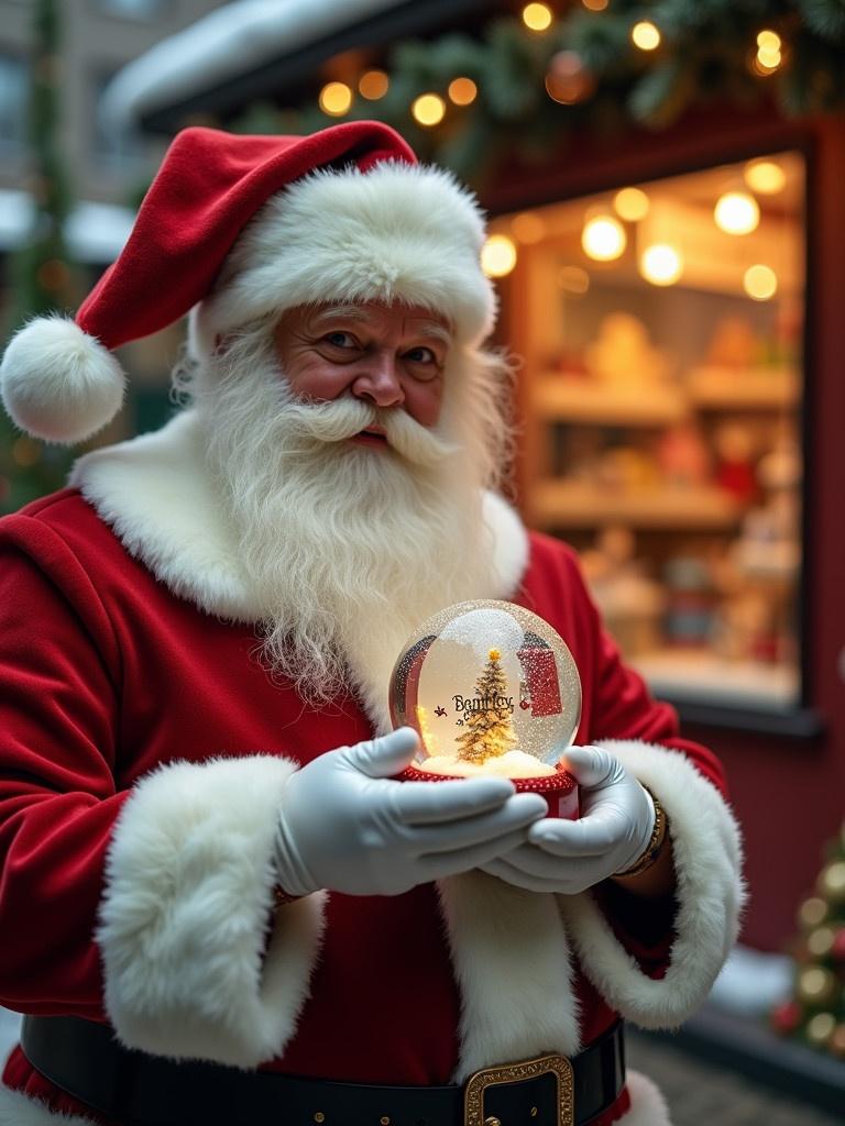 Christmas scene features Santa Claus in red and white suit holding a snow globe. Snow globe contains the name 'Bentley Padova'. Background shows a toy shop with festive decorations and glowing lights.