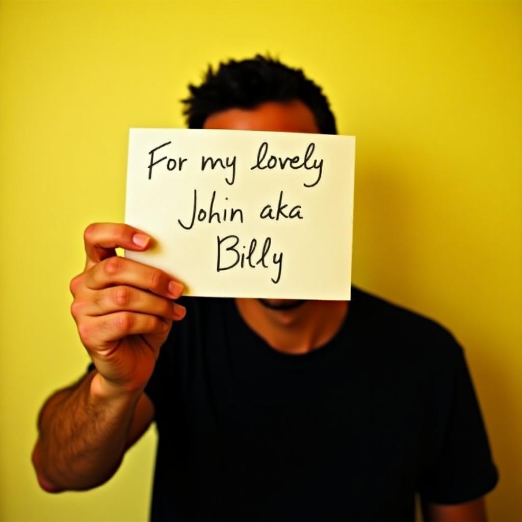 Person holding a piece of paper with 'For my lovely John aka Billy' written on it. Background is plain yellow wall. Individual wears black shirt. Creates a mysterious atmosphere.