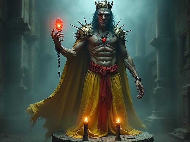A hyper detailed lich king stands tall holding a red gem. He wears a crown and spiked shoulder plates. The long skirt is yellow and tattered with a red sash. The lich casts a spell with one finger pointed forward. Stone pedestal adorned with candles. Eerie mist fills the background.