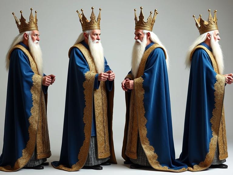 Display a wise old king with cropped white hair and long beard in a blue and gold garment along with a magnificent crown. Show him from all directions - front, back, left, right, and three-quarter angle in a neutral pose. Ensure uniform lighting.
