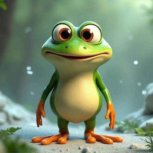 A cute 3D cartoon frog with a transparent background. Full-screen view of the frog character. Appears friendly and animated.