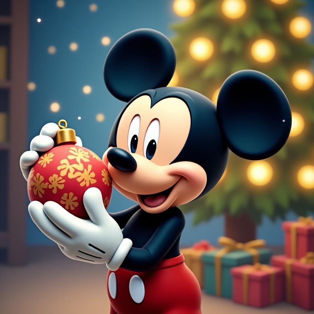 Mickey Mouse in a festive setting holding a Christmas bauble. Background includes Christmas decorations.