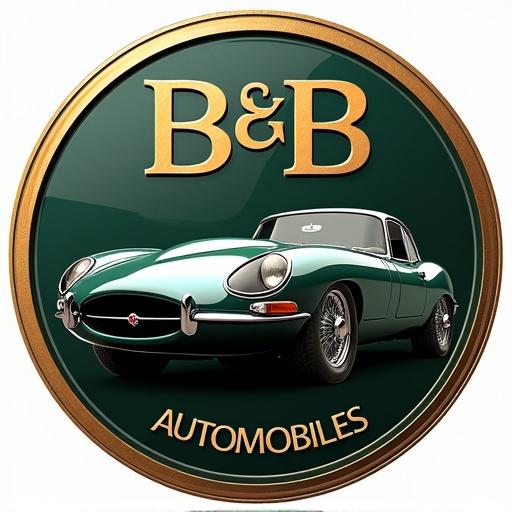 Logo design for B&B Automobiles features a luxurious and modern look. Logo includes a mirrored pair of B letters. Incorporates a sporty depiction of a Jaguar E-Type. Uses dark green and gold gradient in the background. Highlights chrome details in the car.