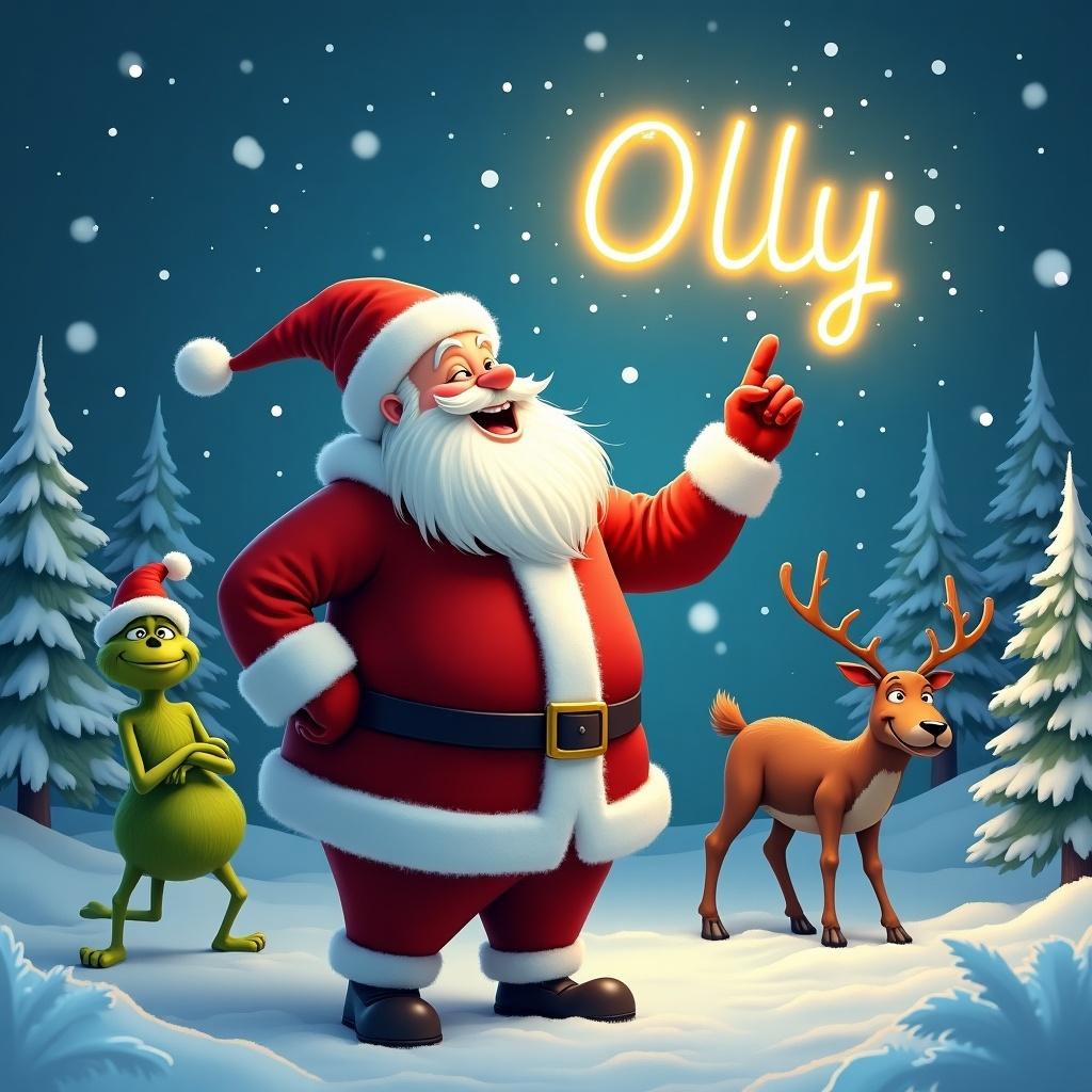 Cheerful Santa Claus in a snowy landscape with a reindeer and the Grinch. Santa wears a classic red suit and hat. He is pointing upward as if writing a name. Snowflakes fall around him. The name 'Olly' glows in the sky. Snow-covered trees are in the background.