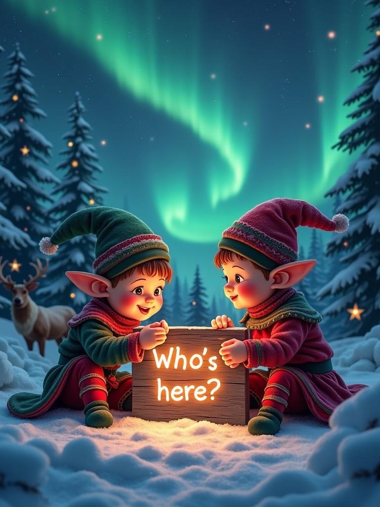 Image of two traditional elves in snowy North Pole forest. Elves write on wooden sign saying 'Who's here?' using glow stick wands. Northern lights illuminate the night sky with stars. Snow-covered pine trees surround scene. Reindeer visible in background.