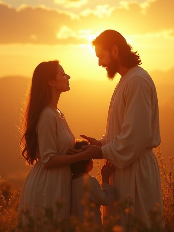 A serene and devotional scene captures Jesus displaying love and protection. A family embraces in warm sunlight. The background features a golden sunset that conveys hope and divine security. Artistic style reminiscent of cinematic 35mm film.