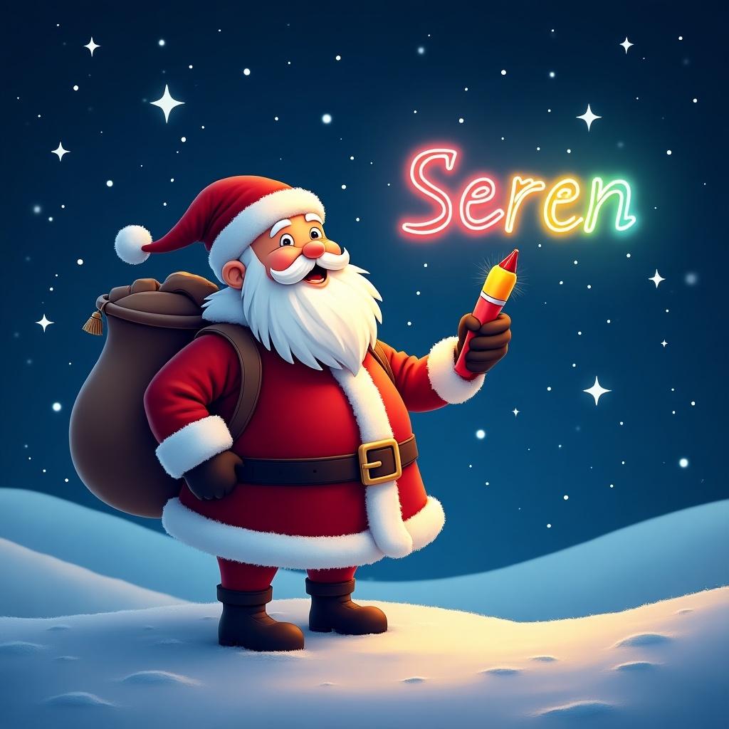 Santa Claus writes the name Seren in colorful letters in the night sky. A snowy landscape is in the background. He holds a bright glow pen in his hand.