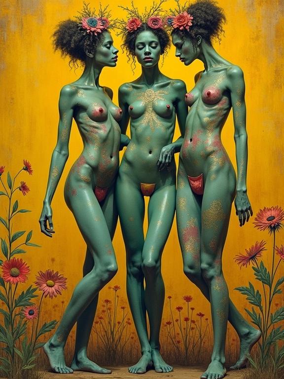 A surreal portrait of three exquisite gypsies. They are nude with painted green bodies. Shades of green, magenta, yellow, and blue are used. The background is yellow ochre and burnt sienna. Intricate details showcase hyperrealism.
