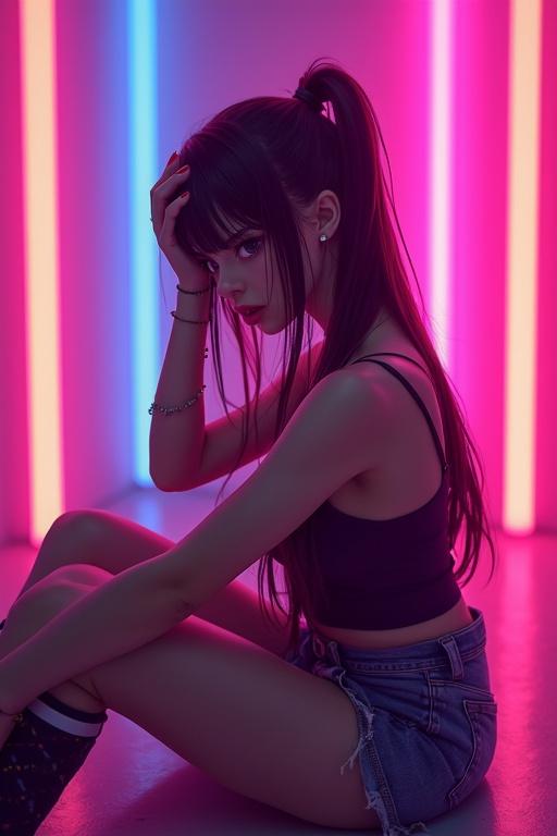 Anime girl sitting in a neon-lit room. The background has glowing pink and blue lights. She has long hair and wears a top and shorts. The pose suggests a moment of contemplation. The atmosphere feels modern and vibrant.