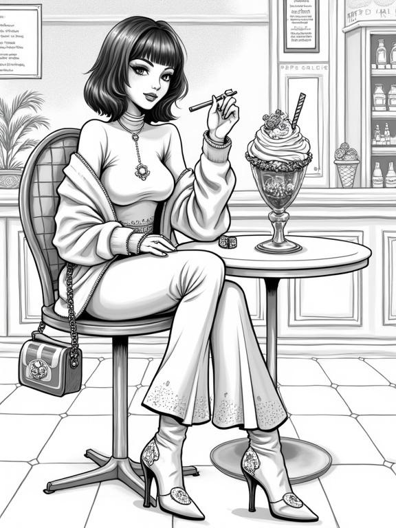 Character is an Italian woman sitting elegantly at a parlor table. Petite curvaceous figure with sleek bob haircut. Outfit has ice cream theme featuring embroidered patterns on a turtleneck and printed trousers. Accessories include pearl choker and structured handbag shaped like an ice cream. Makeup is classic winged eyeliner and delighted smile. Environment is a charming ice cream café with a round table, vintage chair, display cases, and additional customers. Style is pure black ink lines with intricate patterns ready for coloring.