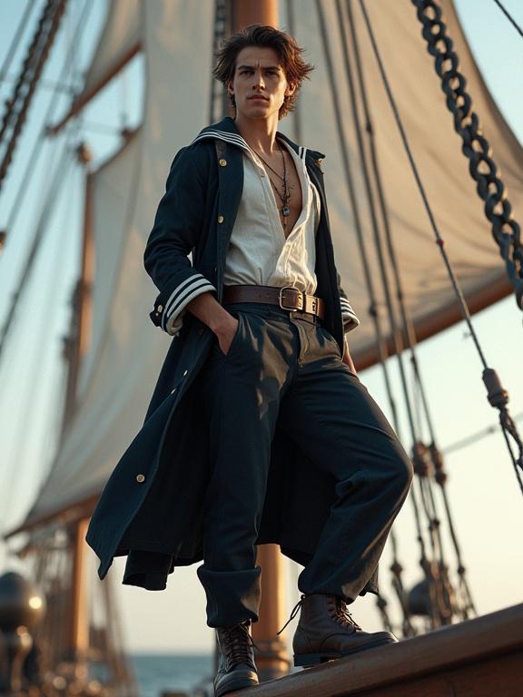 Photorealistic image showing an athletic young man with messy brown hair and tanned skin on a sailing ship. He wears a white sailor's shirt under a long black coat and wide-legged pants tucked into traveling boots. He poses triumphantly on the mast with sails in the background. The image has a fantasy aesthetic and depth of field effects.