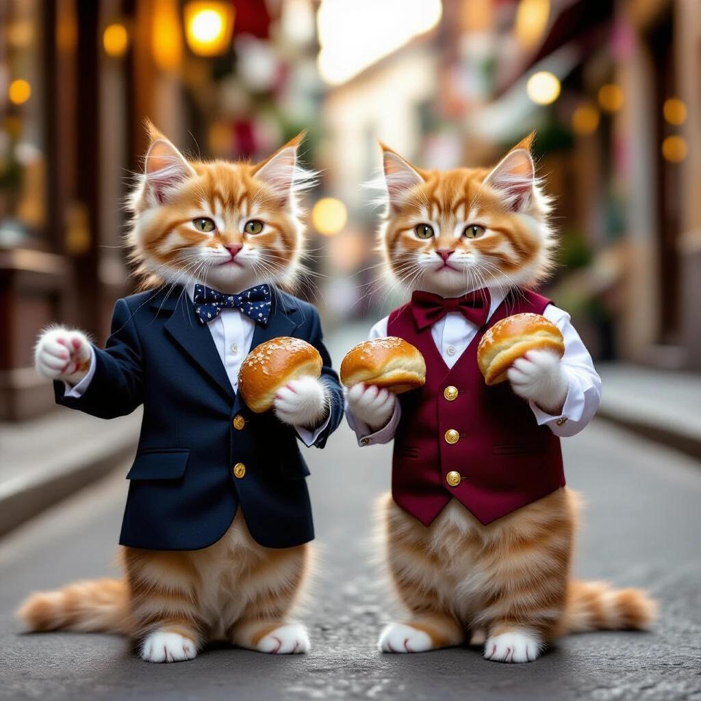 Two affluent and groomed kittens stand on a quiet street dressed in fancy suits. One kitten wears a navy blazer and bowtie; the other sports a maroon vest adorned with golden buttons. They hold bread buns, laughing confidently. The scene captures the kittens' smug expressions amidst the warm glow of a bakery in the blurred background. The ambiance reflects a narrow street in an old town at the golden hour. Detail focuses on the kittens' rich fur textures and elegant suit designs, creating an emotionally engaging and semi-realistic image.